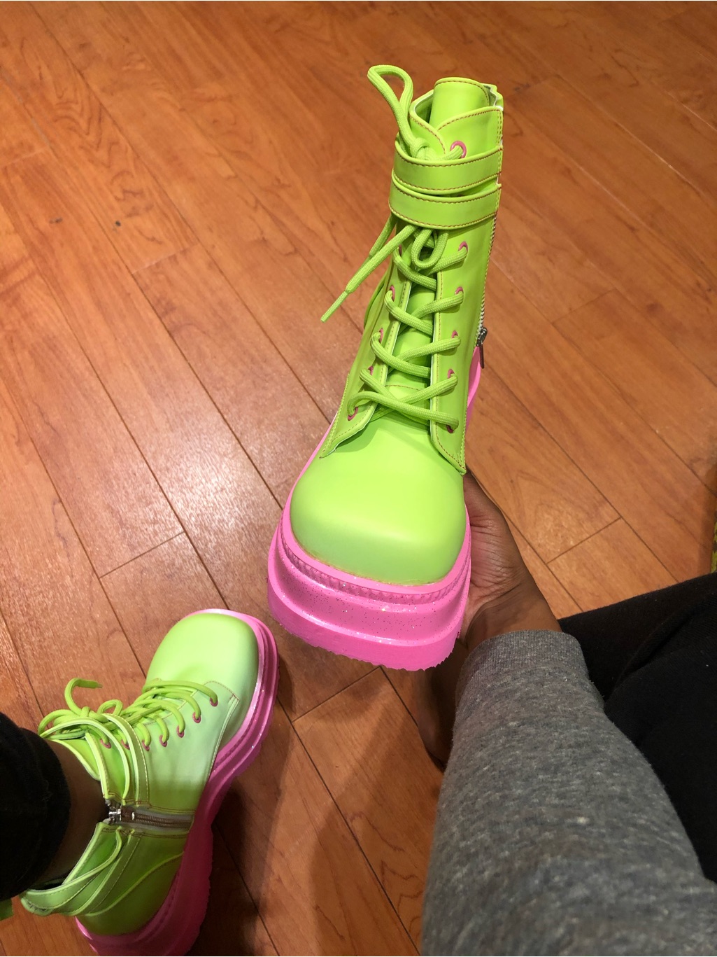 Neon Green And Pink Platform Combat Demonia Boots - Women